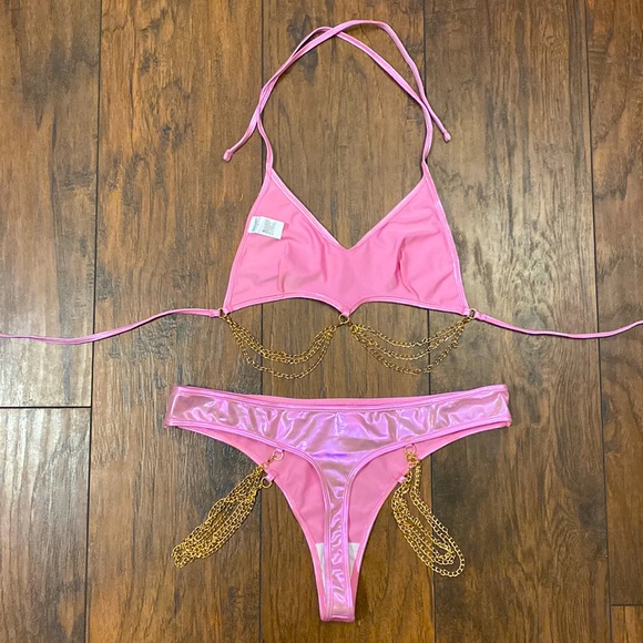 Pink Holographic Chain Decor Rave Bikini Set - Picture 5 of 7
